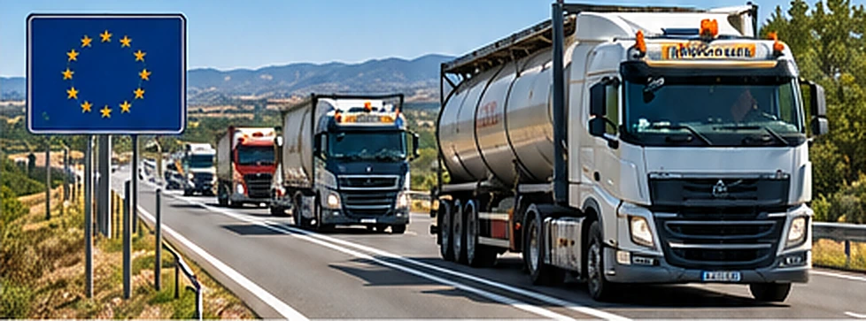 Recreación de varios camiones de transporte en una carretera europea, junto a una señal de la Unión Europea; no representa transportes reales a Llíria.