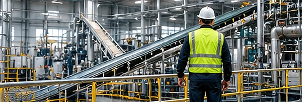 Operario ante la maquinaria mecanizada de una planta industrial, recreación ilustrativa.