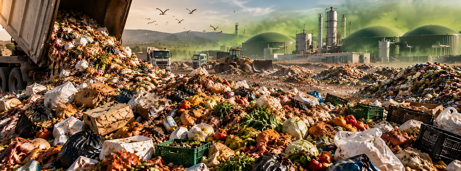 Recreación ilustrativa: residuos alimentarios, envases y restos animales ante una planta de biometano, con halo verde simbólico