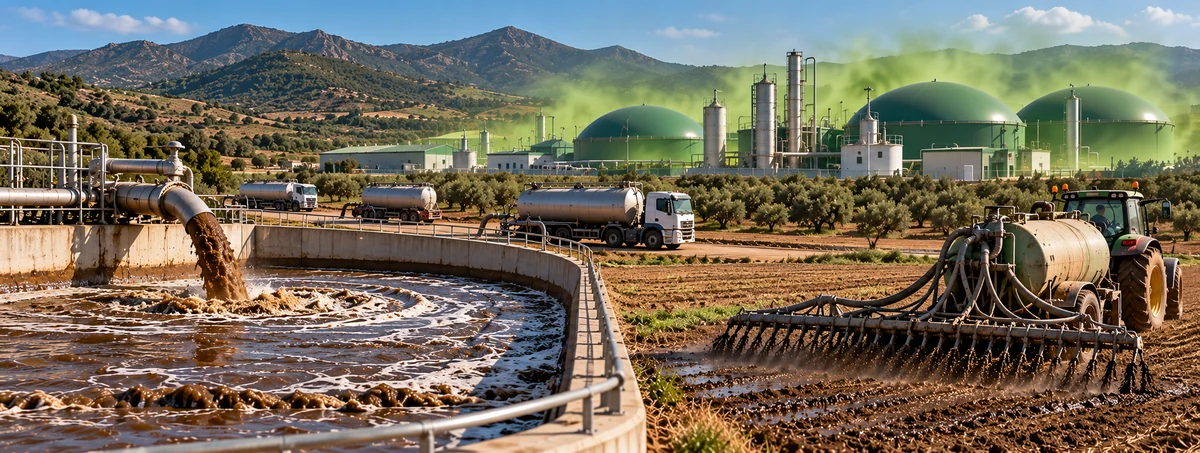 Recreación ilustrativa de una balsa de digestato, camiones cisterna y aplicación agrícola en un valle sin poblaciones; bruma verde simbólica, no prueba de contaminación real.