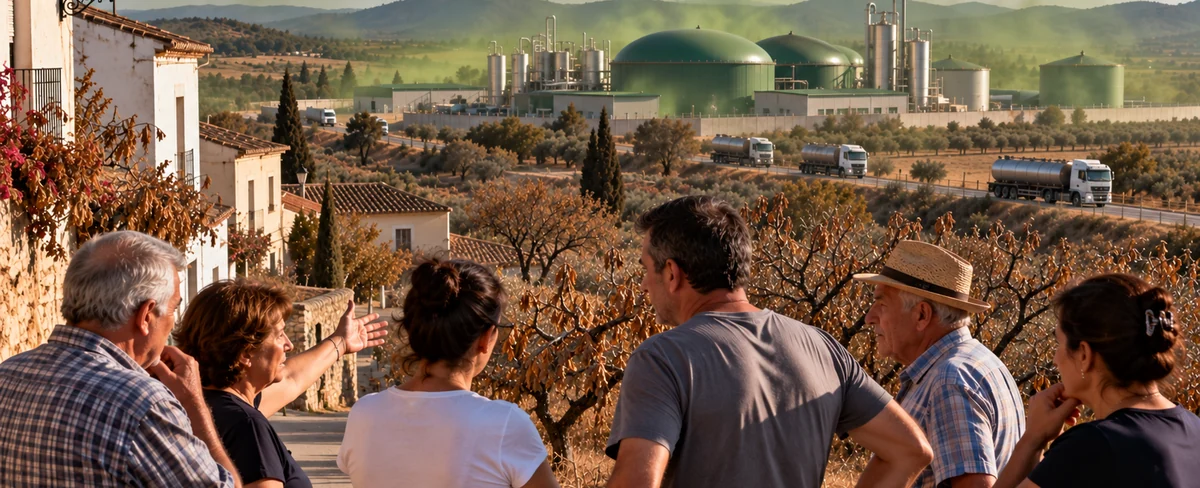 Recreación ilustrativa, no fotografía documental: vecinos junto a viviendas rurales con árboles secos y una bruma verde ficticia alrededor de una planta de biogás al fondo.