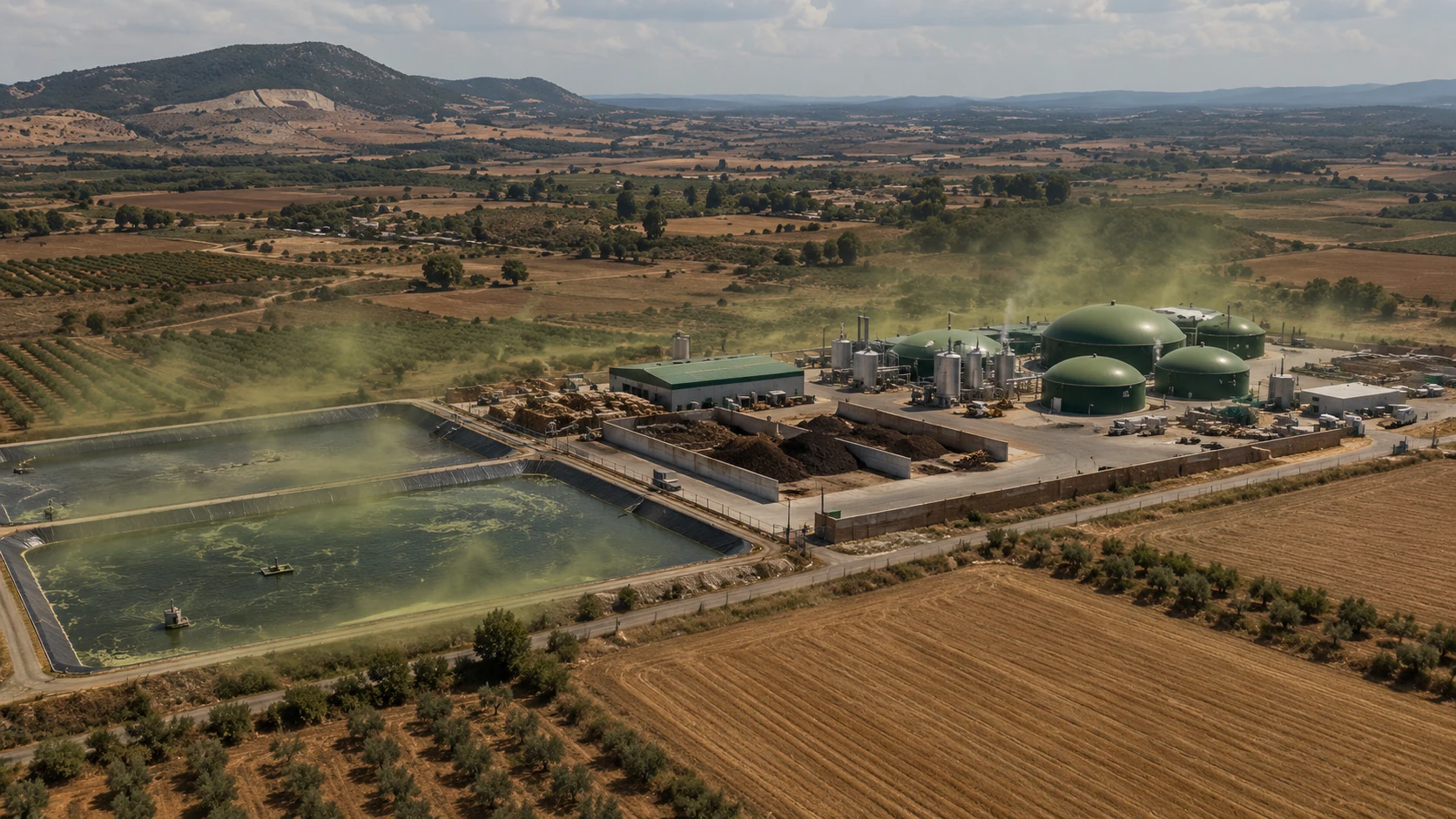 Recreación aérea de una instalación de biometano en un valle mediterráneo, imagen proporcionada por el usuario
